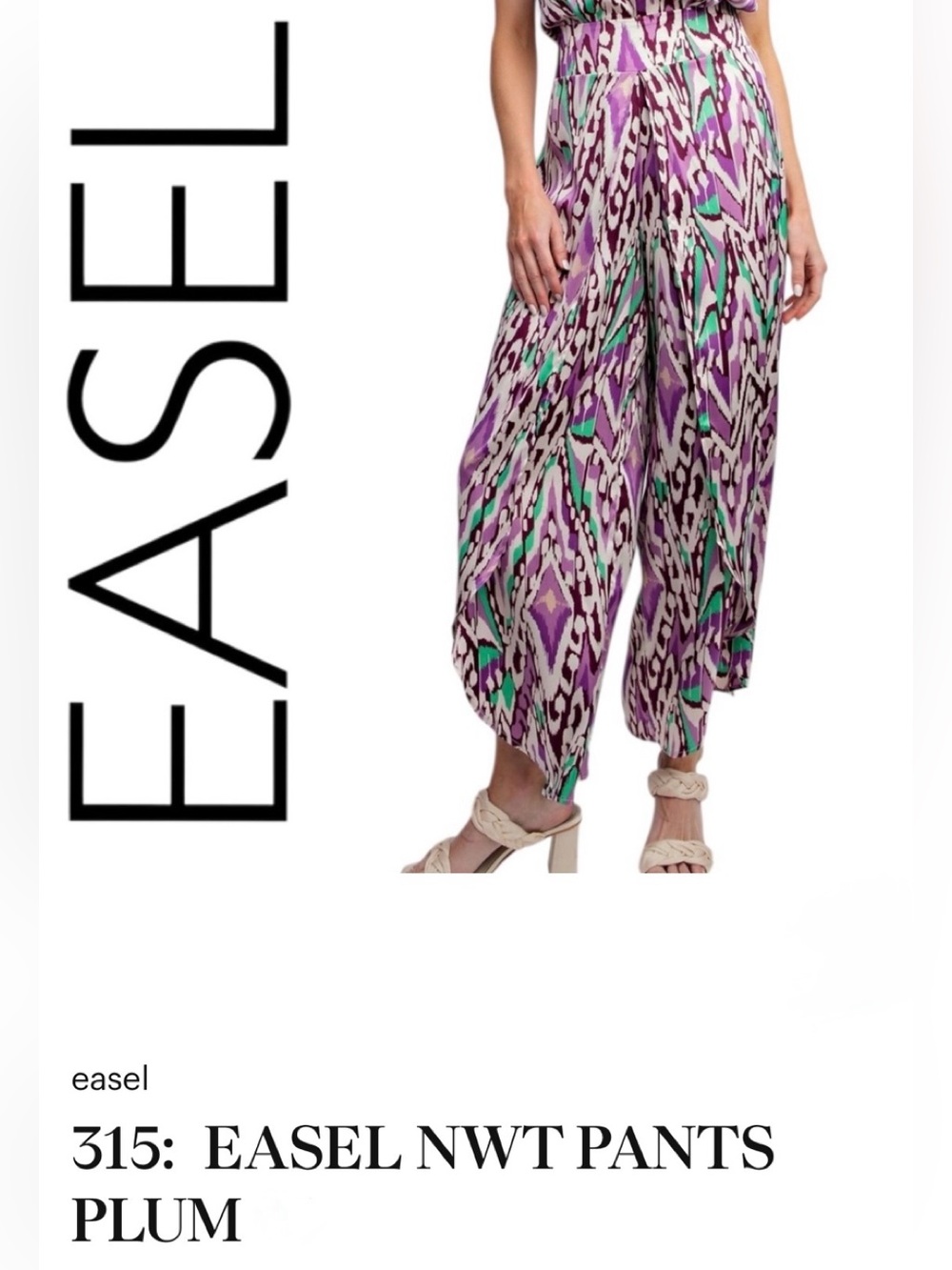 Easel NWT Wide-Leg Patterned Genie Pants in Plum, Teal & Cream size Large